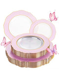 WDF 60Pcs Pink Plates Disposable with Gold Rim - Baroque Clear Pink and Gold Plastic Party Plates Ideal for Wedding/Baby Shower/Spring - color: Clear Pink with Gold Rim, size: 60PCS