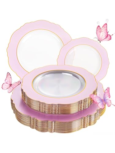 WDF 60Pcs Pink Plates Disposable with Gold Rim - Baroque Clear Pink and Gold Plastic Party Plates Ideal for Wedding/Baby Shower/Spring - color: Clear Pink with Gold Rim, size: 60PCS