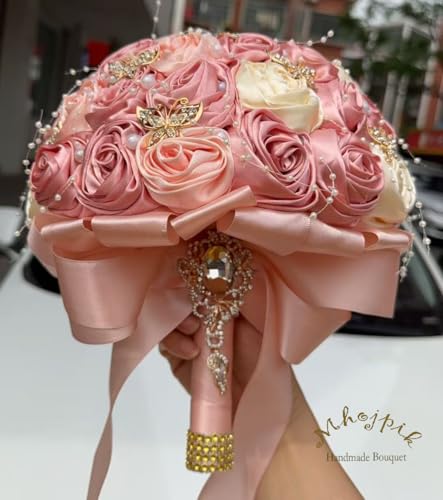Handmade Wedding Flowers Bouquet Round Holding Bridal Bouquet Artificial Satin Roses Bunch for Bride Bridesmaid Wedding Quinceanera - color: Blush Pink, Light Salmon & Cream, size: Large (Dia. 9.8"/25cm)