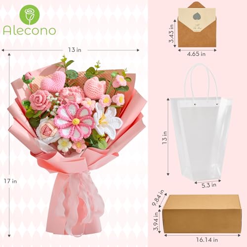 Alecono Large Crochet Flower Bouquet, Pink Knitted Flowers, Crochet Tulip Galsang Flower for Valentines Day Lover Anniversary Birthday Party Mother's Day Graduation Gifts (Include Card) - color: Pink, size: X-Large