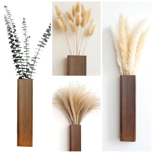 Wall Vase Set of 4 – Wooden Hanging Vases with Pampas Grass & Eucalyptus Dried Flowers – Modern Farmhouse Home Decor for Living Room, Entryway, Bathroom, Hallway & Dining Room - style: B