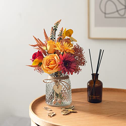 Artificial Flowers with Vase, Faux Silk Flowers Arrangement in Vase, Rustic Home Office Decorations, Farmhouse Dining Table Decor, Coffee Table Centerpiece, Fall Table Plant Decor - color: Autumn Red Yellow