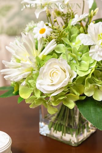 Artificial Flowers in Vase with Fake Water, 12.5" Realistic Silk Rose Peony Lily Faux Floral Arrangements with Glass Vase for Office Home Dinning Table Birthday Party Wedding Decor - White & Green - color: White & Green