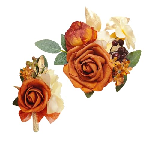 Corsage and Boutonniere Set for Bride Groom Bridesmaids Groomsmen Wedding Prom Homecoming Boutonniere and Corsage Wristlet (Terracotta) - color: Terracotta