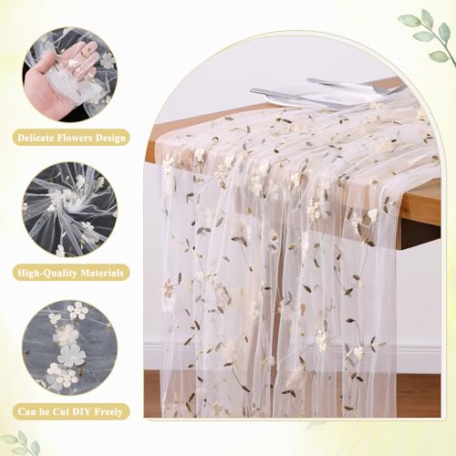 6 Pack Embroidery Floral Table Runner Rustic Spring Summer Wildflower Tulle Table Runner Vintage Flower Tabletop Runners for Home Kitchen Wedding Party Decoration, 108x24.5 Inch (Apricot Flowers) - color: Apricot Flowers-6, size: 108*24.5 inch