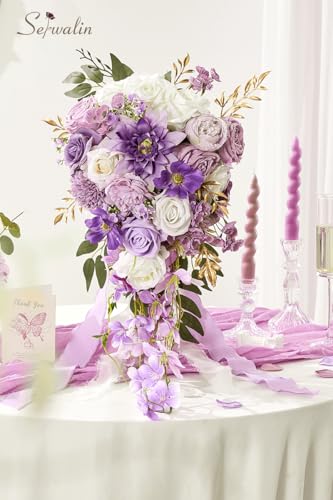 Serwalin 11 Inch Wedding Bouquets for Bride Bridesmaid, Purple Rose Bridal Bouquets for Bride, Wedding Flowers Bouquet Tossing Bouquet, Ceremony and Anniversary - color: Purple