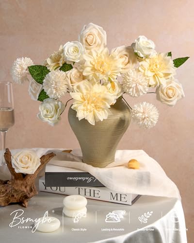 BSMYBO White Flower Artificial Roses Faux Flowers with Stems Mix Fake Roses Dahlia Chrysanthemum Ball for Wedding Bridal Bouquets, Table Centerpieces, Baby Shower, Party, Home Decorations - color: Ivory, size: PureBlooms