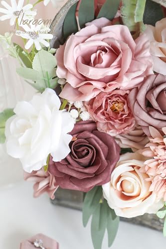 Floroom Dusty Rose Mauve Artificial Flowers Fake Roses Peony and Greenery Combo Box Set for DIY Wedding Bouquets Bridal Shower Centerpieces Floral Arrangements Party Tables Home Decorations - color: Vintage Dusty Rose