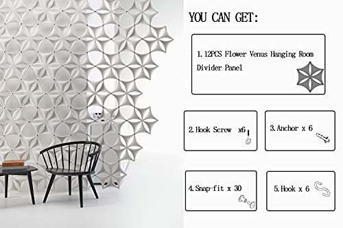 White 3D Flower Venus 14"x12" Hanging Room Divider Panel Felt Fiber Surface High Density Polyester Fiber Board Cut Room Partition Home Decoratio(12 Pcs) - color: White