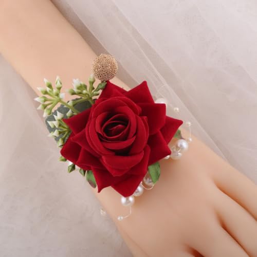 Ruby Red Wrist Corsages Set of 12 for Bridal Bride Bridesmaid Women Artificial Hand Flower Formal Party Wrist Corsage Pearl Band Wristlet Wedding Prom Homecoming Ruby Red - color: Ruby Red Corsages ( 12pcs )
