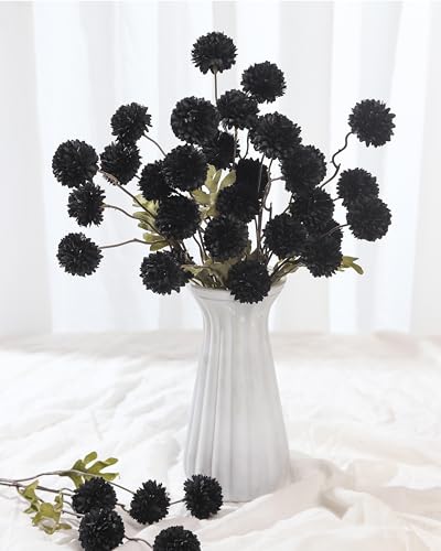 DuHouse 6pcs Black Flowers Faux Silk Pompon Mum,Silk Small Mini Chrysanthemum Ball with Stems for DIY Wedding Bouquets Centerpieces Vase Home Table Halloween Decorations(Black) - color: Black, size: 6pcs