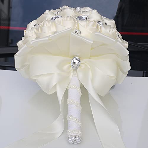 Sharebeauty 8.3 Inch Handmade Satin Rose Bridal Bouquet Toss Round Wedding Bouquet Throw Toss Artificial Flower Bunch Ivory - color: W288j Ivory, size: 8.3"/21cm