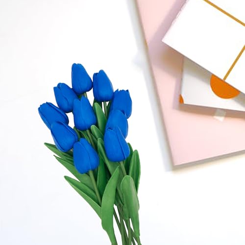 Blue Flowers Fake Tulips Artificial Flowers, 13 Inch Real Touch PU Flowers for Decoration, 10 Pcs Tulip Flowers Bouquet for Vase, Mother's Day Easter Valentines Gifts - color: Blue