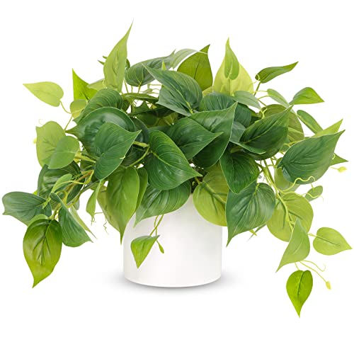 JPSOR Faux Plants Indoor, Pothos Small Fake Plants for Home Decor Indoor Fake Potted Plant Artificial Plants for Living Room Shelf Home Office Decor（White Ceramic Pot） - color: A-white Ceramic Pot