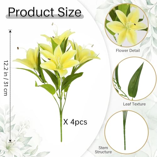 20Heads Yellow Fake Lily Artificial Flowers 4 Bundles Silk Lilies with Stems Easter Lily Faux Flowers for Wedding Party Home Table Decor Indoor Graves Arrangements (Yellow) - color: Yellow