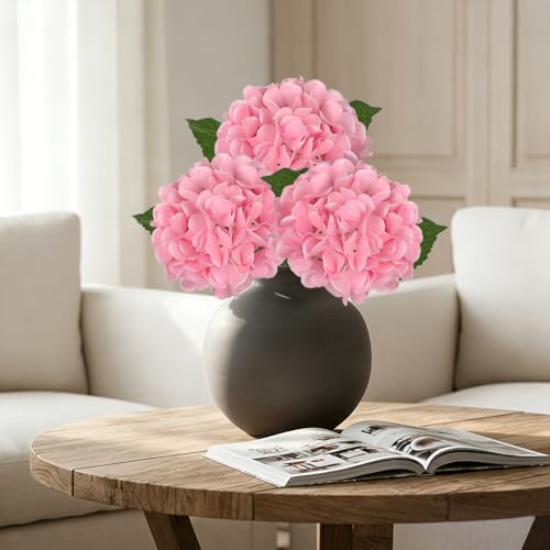 Hollyone 3Pcs Pink Hydrangea Artificial Flowers Real Touch Faux Silk Hydrangeas Flowers with Stem Fake Florals Flower for Home Wedding Table Centerpiece Vase Arrangements Decoration - color: Pink