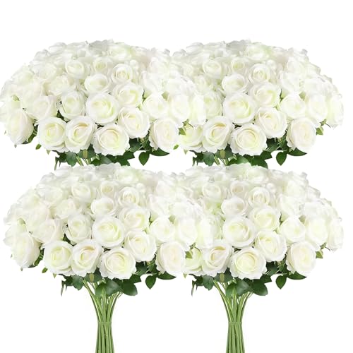 120 Pcs White Roses Artificial Flowers,Artificial Roses in Bulk,Fake Roses with Stems,DIY Wedding Bouquets,Wedding ornaments,Valentine's Day Party Decorations,A rose symbolizes love(white, 120 pcs) - color: White, size: 120 pcs