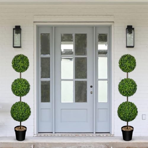 4.1FT Large Triple Ball Topiary Trees Artificial Outdoor Trees for Porch UV Resistant Pre-Potted Shrubs Boxwood Topiary,Large Fake Topiary for Home,Garden Decor (8.3"/9"/11" W.) Set of 2 - color: 4 Ft