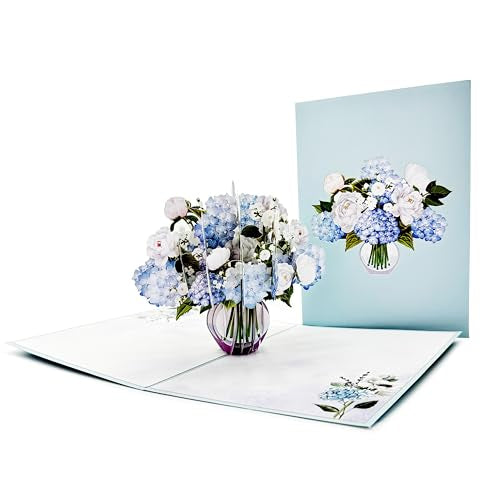 Blue Hydrangea and Rose Flower Bouquet Pop Up Card, 3D Blooming Love Greeting Card for Birthday, Mothers Day, Valentines Day, Anniversary, Congratulations, Thinking of You, All Occassions by Teabug