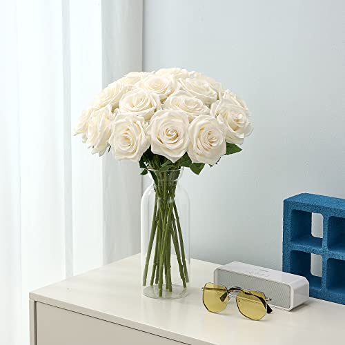 15pcs Ivory Roses Artificial Flowers Silk Fake Flowers Realistic White Roses Bouquet Long Stem for Wedding Home Party Birthday Decoration - color: 15pcs Ivory