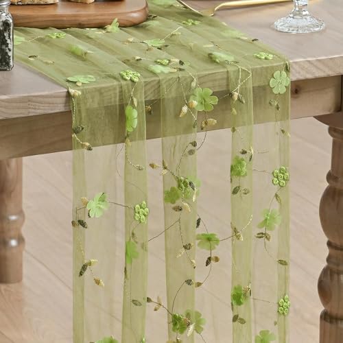 Artoid Mode 3D Flower Green Gauze Embroidery Table Runner 120 Inch 10FT, Tulle Seasonal Spring Kitchen Dining Holiday Table Decor for Home Party - color: Green