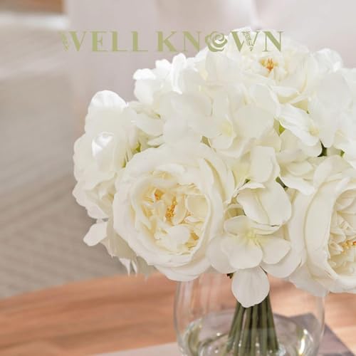 WELL KNOWN Artificial Austin Roses and Hydrangea Petals, 11.5" H Silk Roses Flower Bouquet with Fake Water in Glass Vase, Faux Peony for Home Decor, Table Decor, Weddings, Gift (White) - color: White