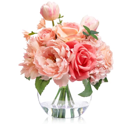 WELL KNOWN Artificial Flowers in Vase with Fake Water, Peach Pink Silk Peony Rose Tulip Spring Flower Bouquet for Home Birthday Party Wedding Dining Table Centerpieces Office Decor Mom's Gift - color: Peach Pink Mixed