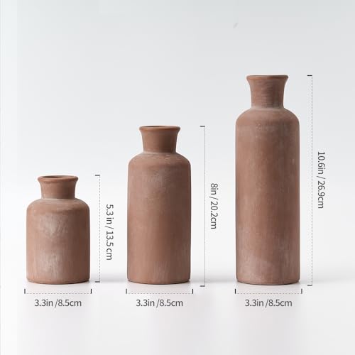LUKA Ceramic Rustic Farmhouse Vase,Terracotta Vases for Decor,Vase Set of 3,Vases for Your Bedroom,Office,Living Room,Fireplace,Bookshelf Decor,Housewarming 10+7.5+5 Inch - color: Terracotta
