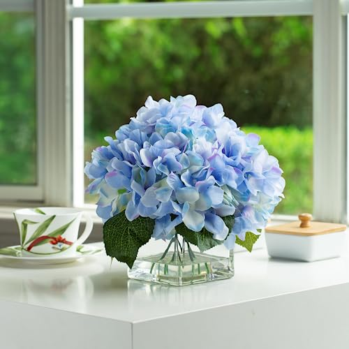 ENOVA FLORAL Silk Hydrangea Artificial Flowers in Vase with Faux Water, Silk Flower Arrangements in Vase for Home Decor, Wedding Table (Blue) - color: Blue
