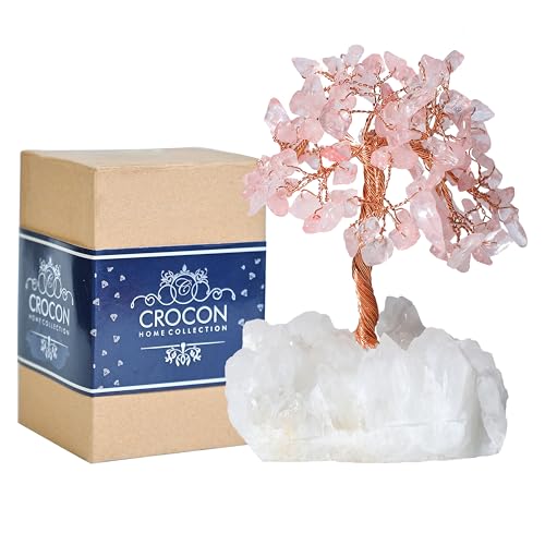 Crocon Rose Quartz Crystal Tree with White Aura Base Tree of Life Decor for Shelf, Bedroom, Birthday Gifts for Women, Sister Gift, Birthday Gifts for Mom, Cute Home Office Decor Housewarming Present - color: Bf Rose Quartz + White Aura Base