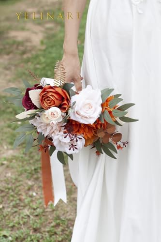 10 Inch Terracotta Wedding Bouquets for Bride Artificial Roses Flower Cascading Cascade Bridal Bouquet for Rustic Boho Fall Vintage Wedding Ceremony Party and Anniversary - color: Terracotta