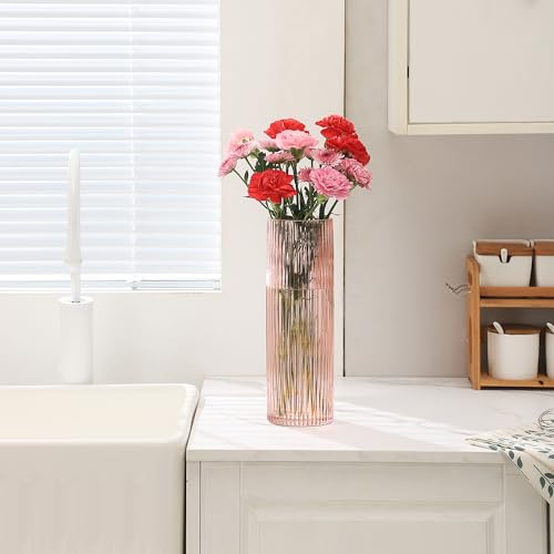 Pink Glass Vase, Glass Flower Vases, Ribbed Vase, Pink Vase, Tall Cylinder Glass Vases for Living Room, Bedroom, Dining Table, Office, Wedding, Bookshelf Decoration, 12 Inches - color: Pink, size: 12''