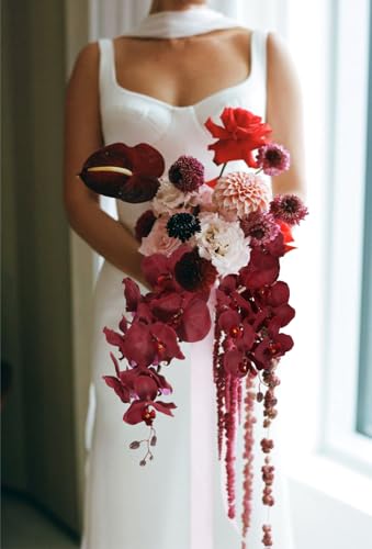 41.3in Orchids Artificial Flowers Faux Orchid 6PCS Velvet Silk Orchids that Look Real Long Stem Artificial Flowers for Tall Vase for Home Wedding Party Fall Décor (Burgundy) - color: Burgundy