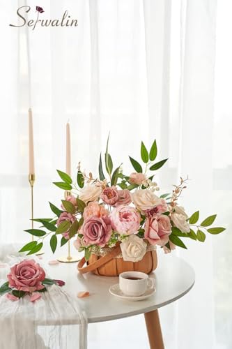 Serwalin 2 Pcs Artificial Flowers Pink Wedding Cake Flowers, Fake Dusty Roses Peonies for Bouquets Table Centerpieces Wedding Home Decor, Baby Shower Party Flowers with Stems DIY Combo - color: A Abby Dusty Pink, size: 2 Boxes