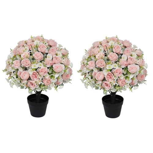 24" Artificial Potted Flowers for Outdoors Set of 2 - UV Resistant Faux Pink Silk Peonies with Eucalyptus Plants in Cement Pots for Outside Front Porch Home Indoor Decor - color: Blush Pink, size: 24" Classic Peony