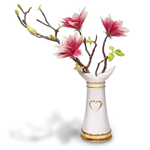 LoveLin Artificial Flowers Pink with Ceramic Vase - Ready-to-Display Home Decor Indoor for Living Room, Dining Table, Office, Wedding & Housewarming, Magnolia Flower & White Vase - color: Pink/White