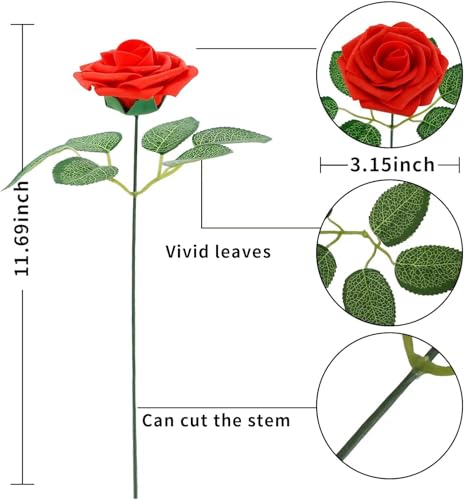 [25PCS] Red Roses Artificial Flowers with Long Stem Real Touch Fake Foam Roses for Decoration DIY Wedding Bouquets Centerpieces Bridal Shower Mothers Day Party Flower Arrangements Home Decor - color: Red