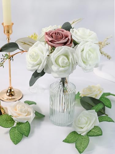 Artificial Flowers 25 Pack Ivory Ivory White Faux Foam Roses with Stems, Real Looking Fake Rose for DIY Wedding Bouquets, Bridal Shower Centerpieces, Party Table Decorations, Home Decor - color: Ivory White, size: 25Pcs