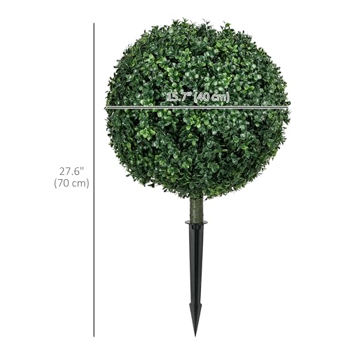 HOMCOM Set of 2 1.3ft (15.7") Artificial Boxwood Topiary Ball Bush with Integrated Ground Stake, Indoor Outdoor UV Resistant Faux Greenery, Faux Plants for Garden, Porch, Balcony