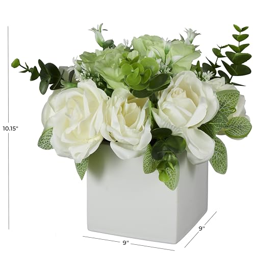 Deco 79 Fabric Artificial Flower with Green Leaves and Square Ceramic Vase, 9" x 9" x 10", White - color: White, size: 9" x 9" x 10"