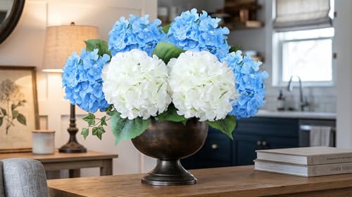 2Pcs White/ 4Pcs Blue 20" Hydrangea Artificial Flowers Silk Large Faux Floral Lifelike for Office Party DIY - color: White/Blue