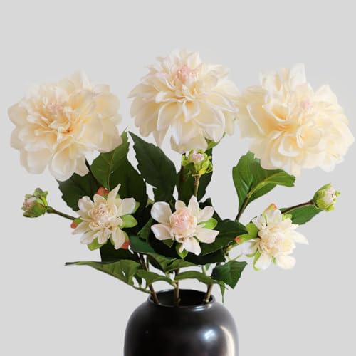 KBREE Dahlia Artificial Flowers, 3 Pcs Real Touch Cream White Flowers, 24.3” Long Stem Faux Dahlias in Natural Tones, Large Bloom Stems for Wedding Bouquet DIY, Table Centerpiece & Home Office Decor - color: Cream White
