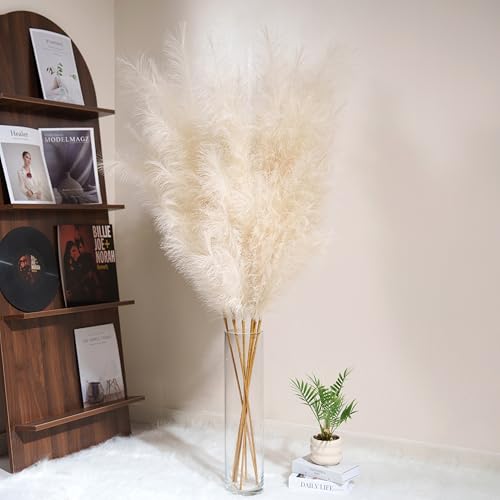 Premium Faux Beige Pampas Grass – 55" 8pcs Tall Ultra-Fluffy 24-Branch One-Piece Stems No Assembly, Luxury Silk-Feel Feather Flowers for Boho Modern Farmhouse Home Decor (Sand, 8 Stems) - color: Faux Beige, size: 8pcs 55"(140cm)
