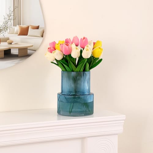 Blue Glass Vase, Ribbed Glass Vase for Tulips, Flower Vases for Bouquet, Blue Modern Vases for Living Room, Dining Table, Entryway, Mantle, Shelf, Wedding, Office, 7.5 Inches - color: Blue, size: Ribbed 7.5 Inches