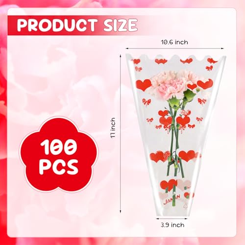 XABMU Red Heart Flower Bouquet Bags, 100 Pack Clear Floral Wrapping Sleeves, for Valentine's Day, Wedding, Mother’s Day Gifting & Florist Supplies - color: Clear-Red Heart, size: 1 count (Pack of 100)
