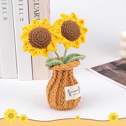 Sunflower Crochet Flower Plant, Small Cute Handmade Knitted Flowers with Vase, Small Crochet Potted Artificial Flower Plants for Desk Home Car Dashboard Office Decorations (Sunflower) - color: Sunflower