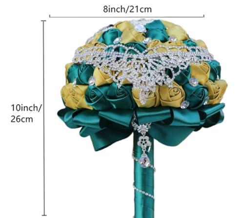 Handmade Luxury Wedding Bridal Bouquet Large Silk Rose Holding Toss Artificial Flowers Bouquets with Satin Ribbon Pearls Rhinestone for Bride Vintage Royal Wedding Bouquet (Dark Green+ Golden) - color: Dark Green+ Golden