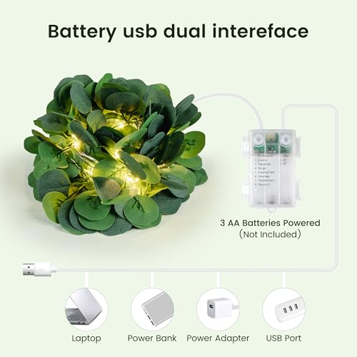 HEYFUNi 23FT Eucalyptus Garland with Fairy Lights, USB & Battery | 73 Leds, Timer & Memory & 8 Modes, Greenery Eucalyptus Leaf Vine Lights For Bedroom, Wall, Wedding, Party, Summer Dorm Decor - color: Eucalyptus, size: 73 LED-USB & Battery