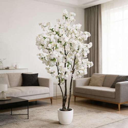 Large Artificial Cherry Blossoms Tree Indoor Faux Cherry Blossom Tree White 6FT Bedroom Trees for Home Christmas New Year Decor - color: White-ap28
