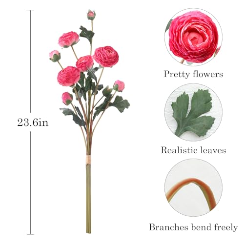 6Pcs Realistic Silk Pink Ranunculus Artificial Flowers Long Stems, 23.6" Tall Fake Flowers Faux Flowers Suit for Year-Round Home Decoration, Wedding, Bridal Bouquets, Office - color: Pink